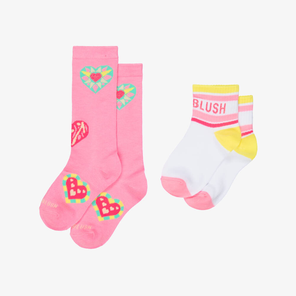 Billieblush-Girls Pink Hearts & White Logo Socks (2 Pack) | Childrensalon