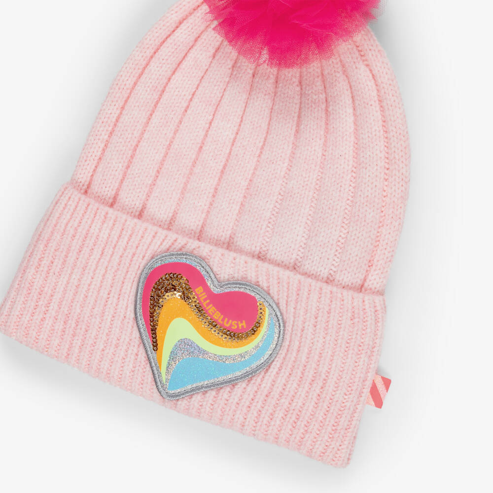 Billieblush-Girls Pink Knitted Hat with Tulle Pom-Pom | Childrensalon