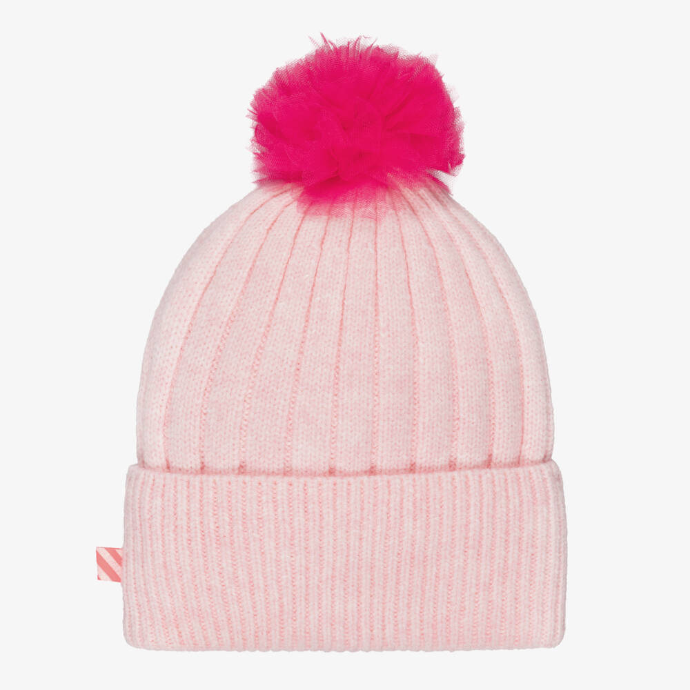 Billieblush-Girls Pink Knitted Hat with Tulle Pom-Pom | Childrensalon