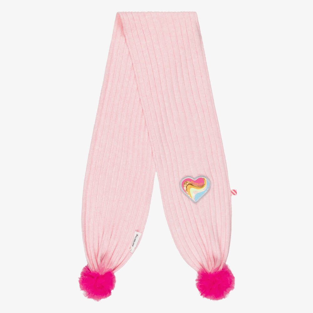 Billieblush-Girls Pink Knitted Scarf with Tulle Pom-Poms | Childrensalon