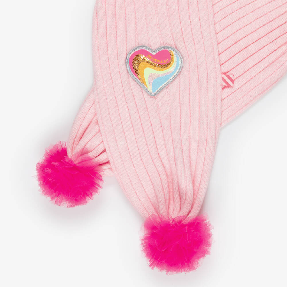 Billieblush-Girls Pink Knitted Scarf with Tulle Pom-Poms | Childrensalon