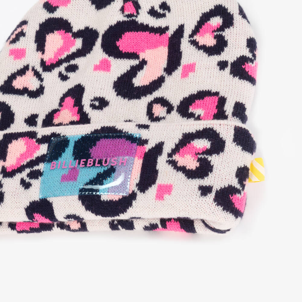 Billieblush-Girls Pink Leopard Hearts Knitted Hat | Childrensalon