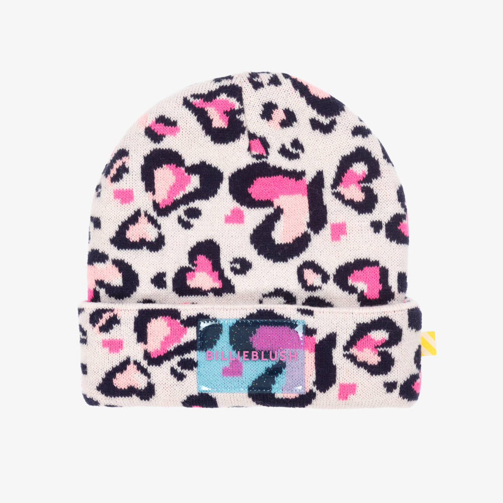 Billieblush-Girls Pink Leopard Hearts Knitted Hat | Childrensalon