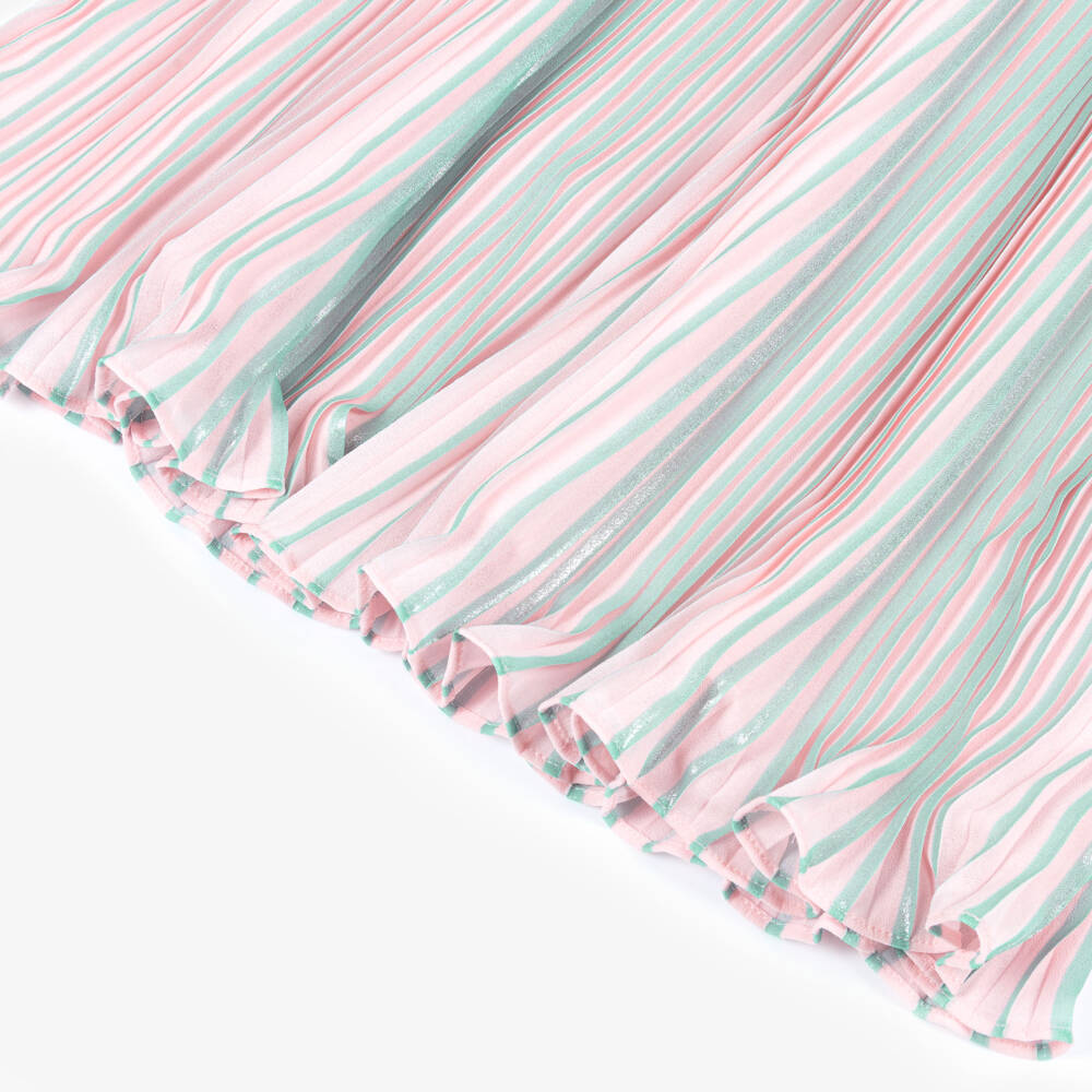 Billieblush-Girls Pink & Metallic Silver Stripe Pleated Dress | Childrensalon