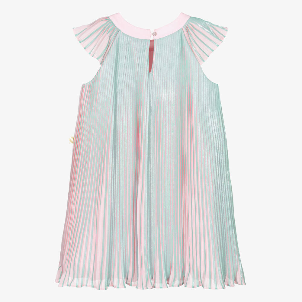 Billieblush-Girls Pink & Metallic Silver Stripe Pleated Dress | Childrensalon
