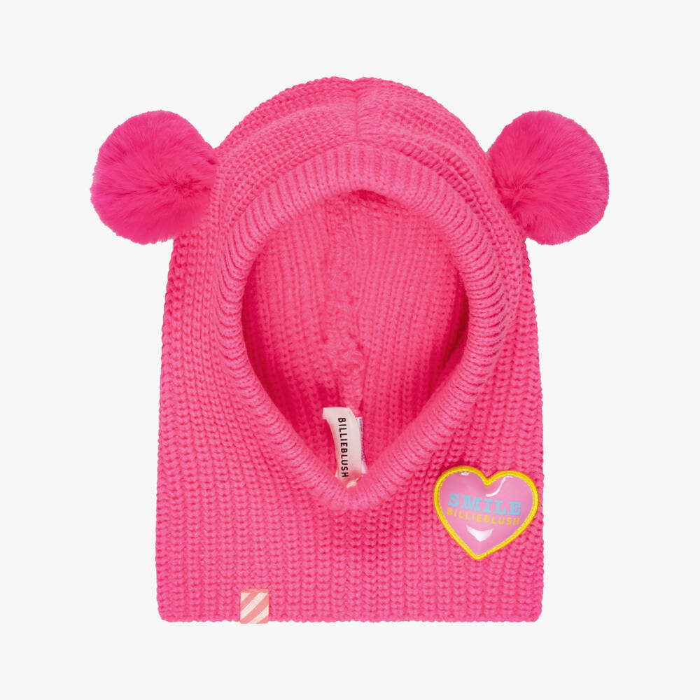Billieblush-Girls Pink Rib Knit Balaclava with Pom Poms | Childrensalon