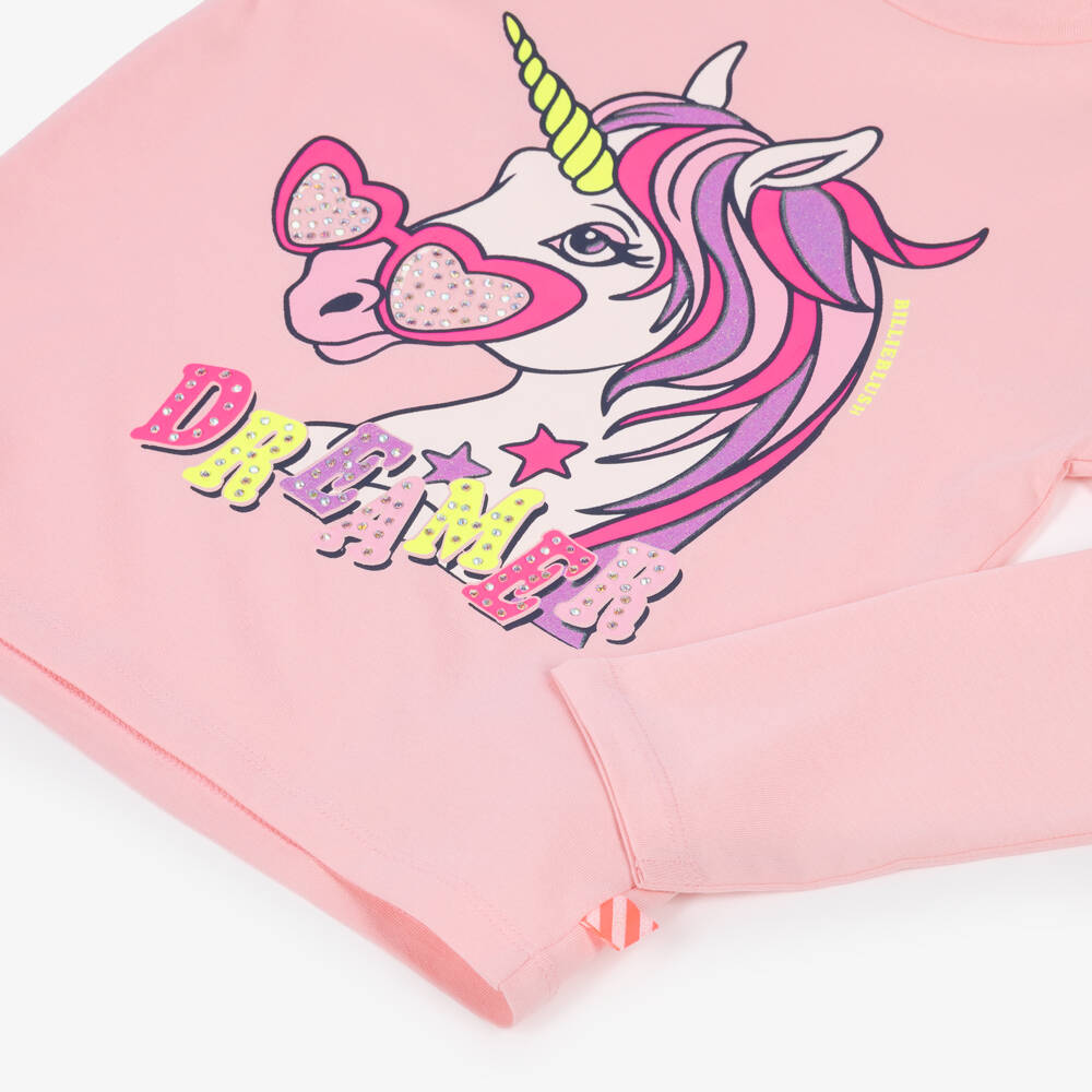 Billieblush-Girls Pink Sparkly Unicorn Print Long-Sleeved Top | Childrensalon