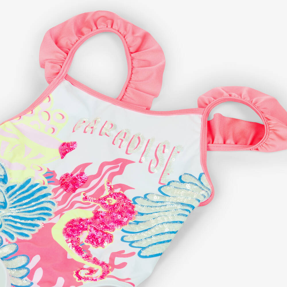 Billieblush-Girls Pink & White Sequinned Seahorse Swimsuit | Childrensalon