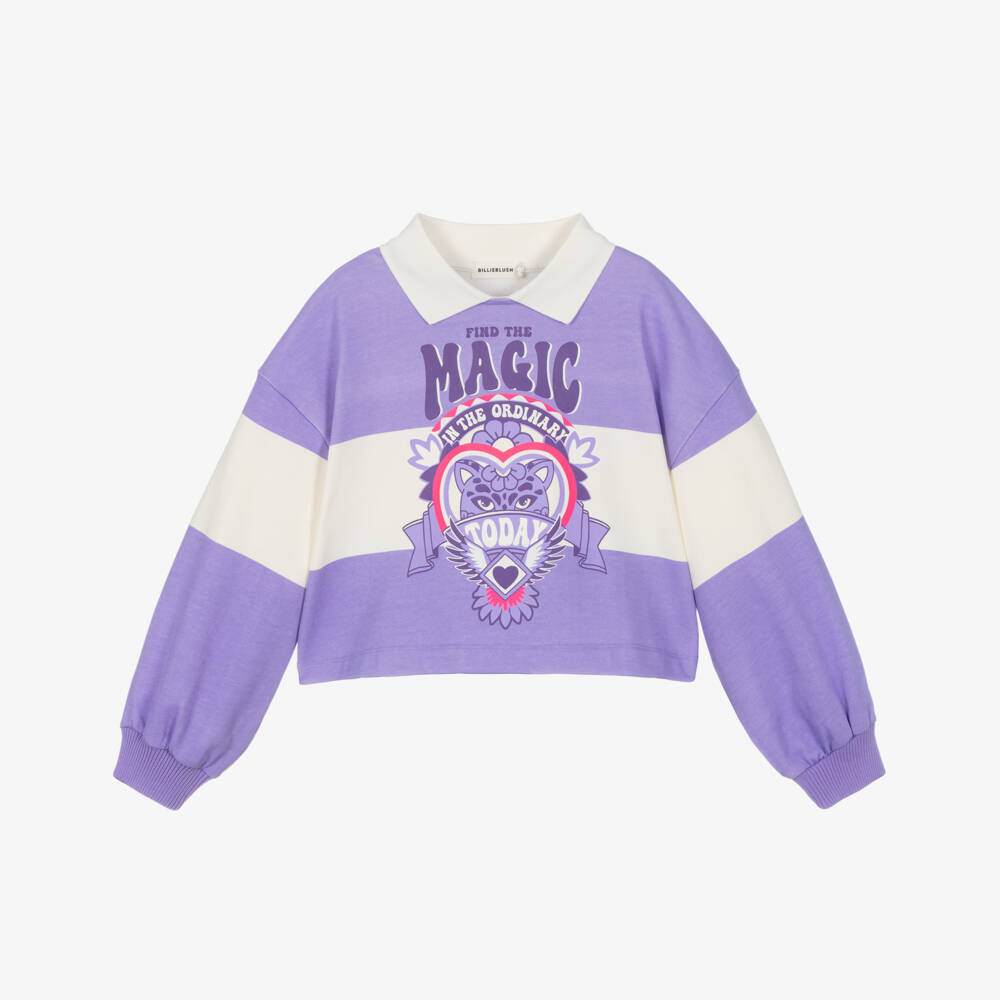 Billieblush-Girls Purple Striped Cotton Boxy Sweatshirt | Childrensalon