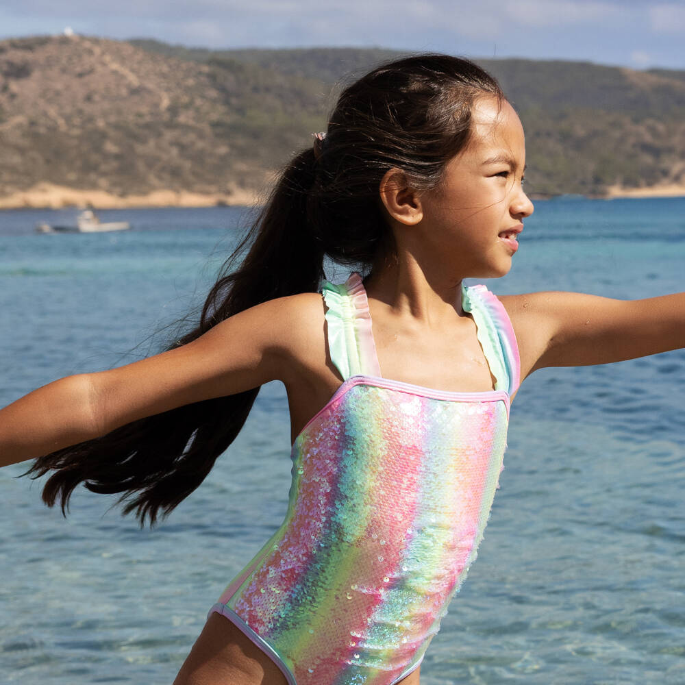 Billieblush-Girls Rainbow Striped Sequin Swimsuit | Childrensalon