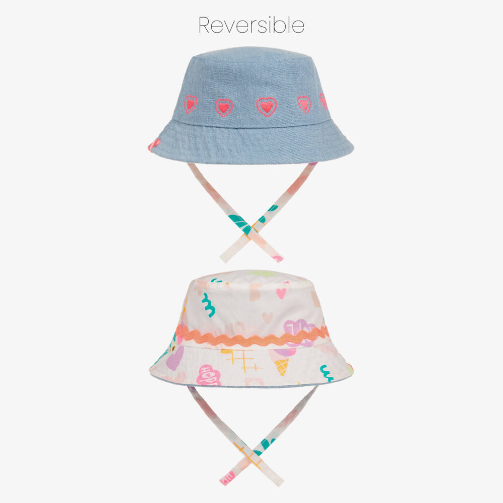 Billieblush-Girls Reversible Blue & White Cotton Bucket Hat | Childrensalon