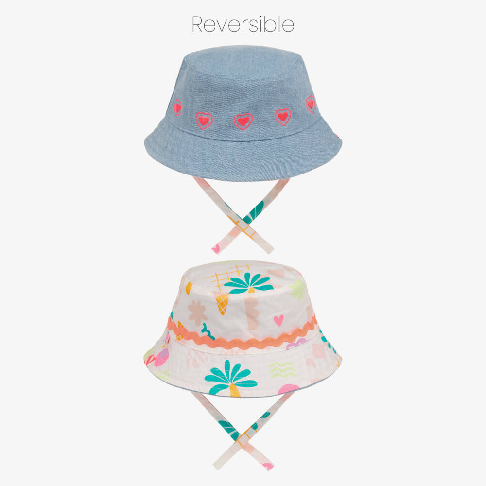 Billieblush-Girls Reversible Blue & White Cotton Bucket Hat | Childrensalon