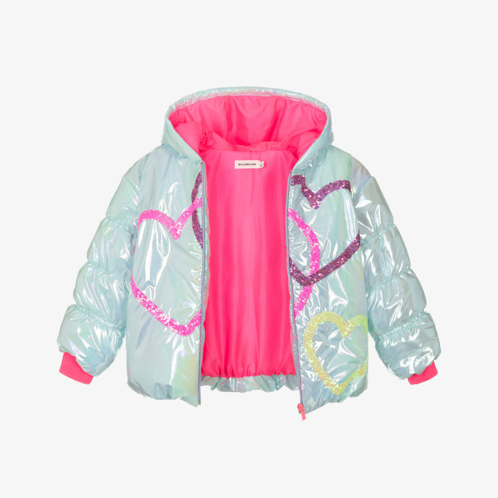 Billieblush-Girls Shiny Blue Puffer Jacket with Sequins | Childrensalon