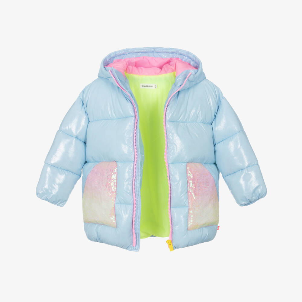 Billieblush-Girls Sparkling Blue Puffer Coat with Rainbow Sequins | Childrensalon