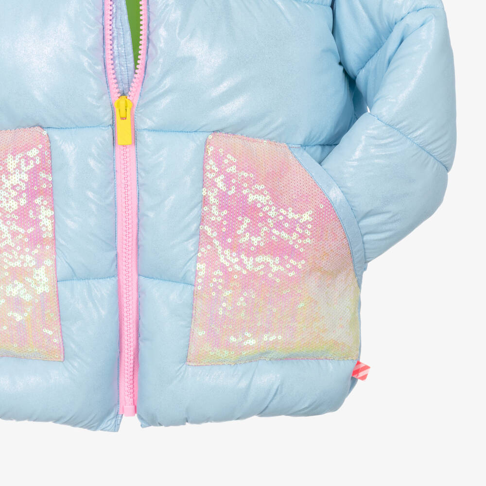 Billieblush-Girls Sparkling Blue Puffer Coat with Rainbow Sequins | Childrensalon