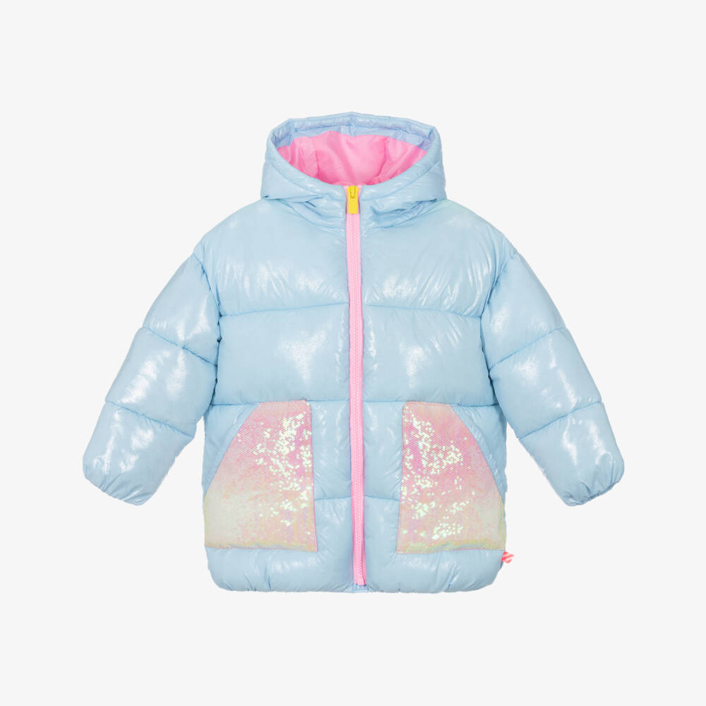 Billieblush-Girls Sparkling Blue Puffer Coat with Rainbow Sequins  | Childrensalon