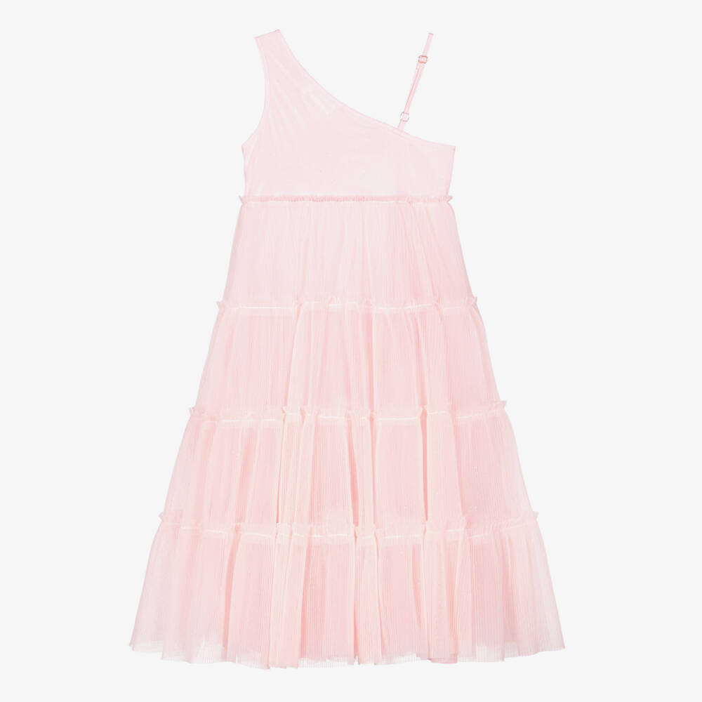 Billieblush-Girls Sparkly Pink Asymmetric Tiered Tulle Midi Dress | Childrensalon