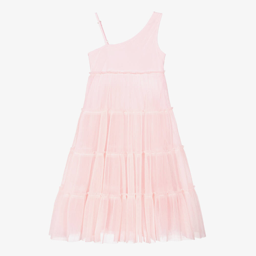 Billieblush-Girls Sparkly Pink Asymmetric Tiered Tulle Midi Dress | Childrensalon