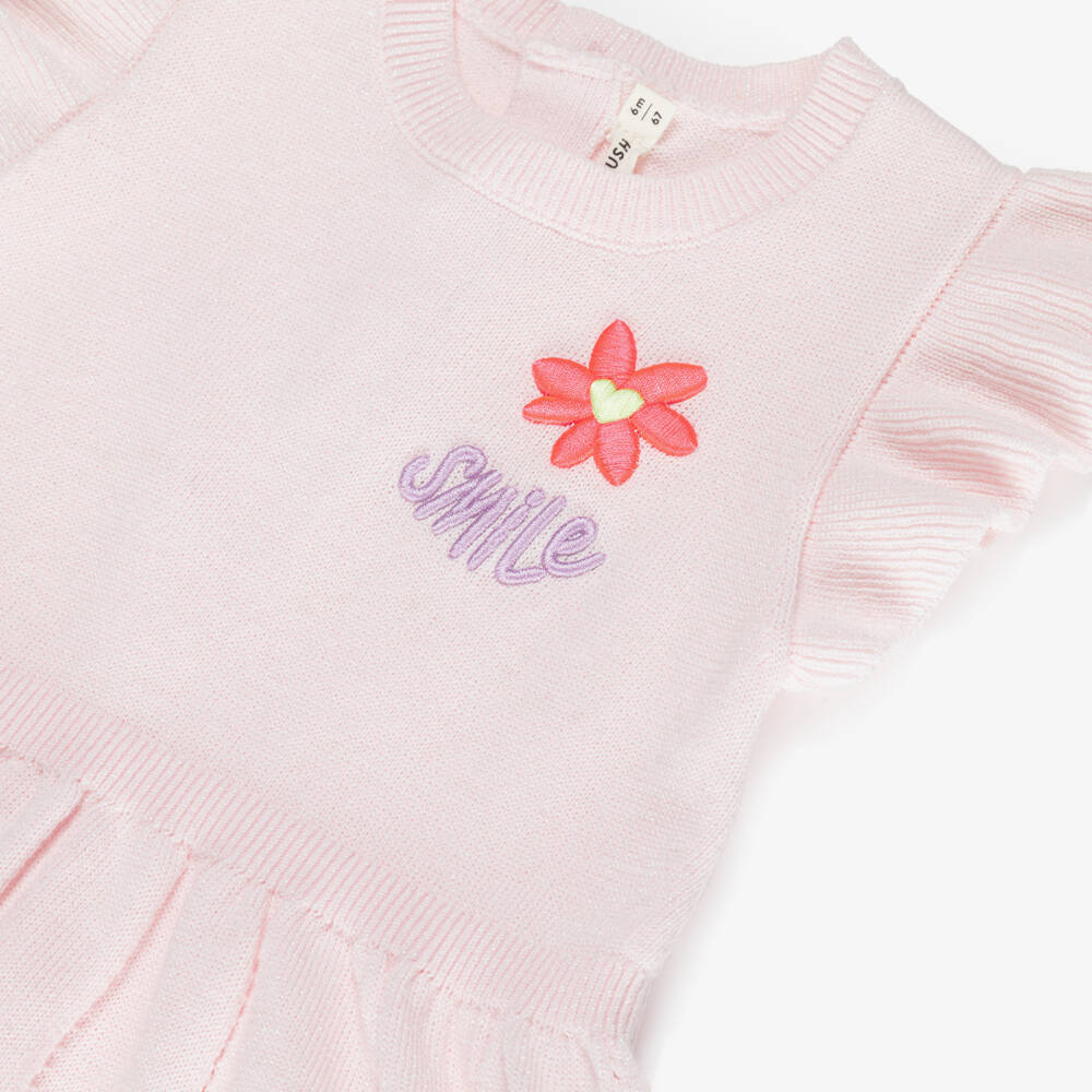 Billieblush-Girls Sparkly Pink Knitted Dress with Smile Embroidery | Childrensalon