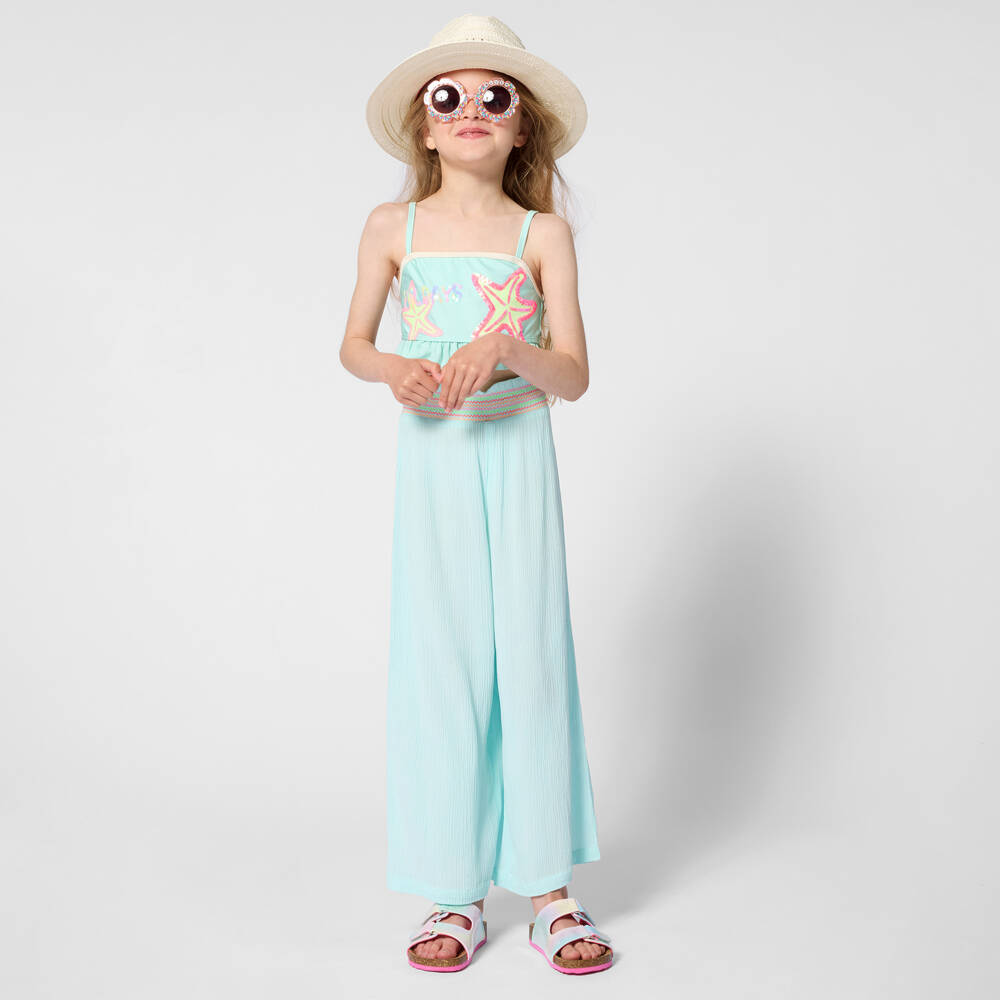 Billieblush-بنطلون كريب واسع الأرجل لون أزرق فيروزي للبنات | Childrensalon