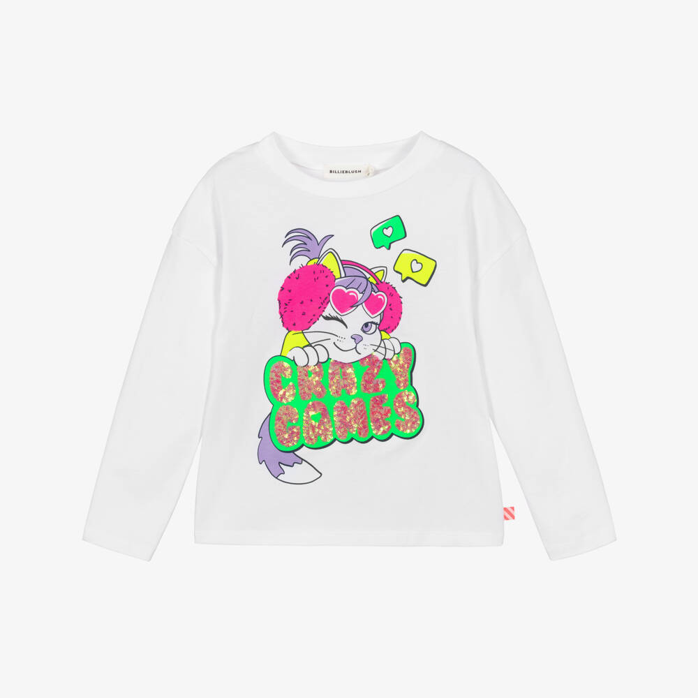 Billieblush-Girls White Cotton Crazy Games Long Sleeve Top | Childrensalon