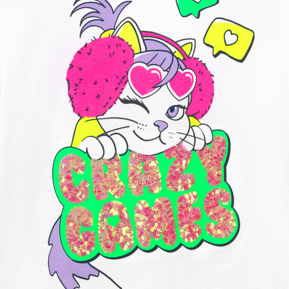 Billieblush-Girls White Cotton Crazy Games Long Sleeve Top | Childrensalon