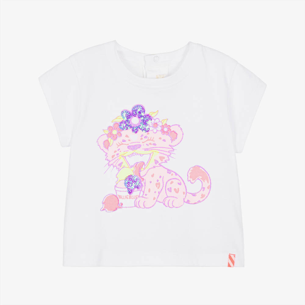 Billieblush-Girls White Cotton Glittery Cat Print Logo T-Shirt | Childrensalon