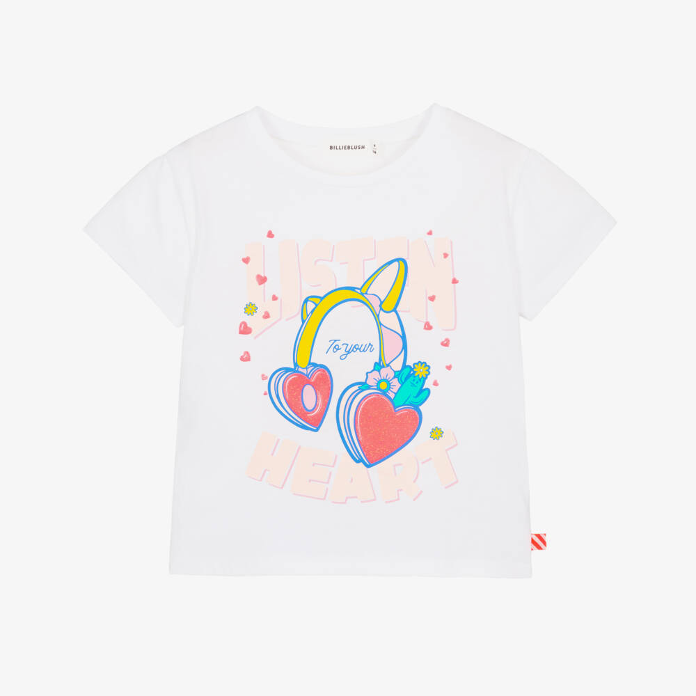 Billieblush-Girls White Cotton Headphones Print T-Shirt | Childrensalon