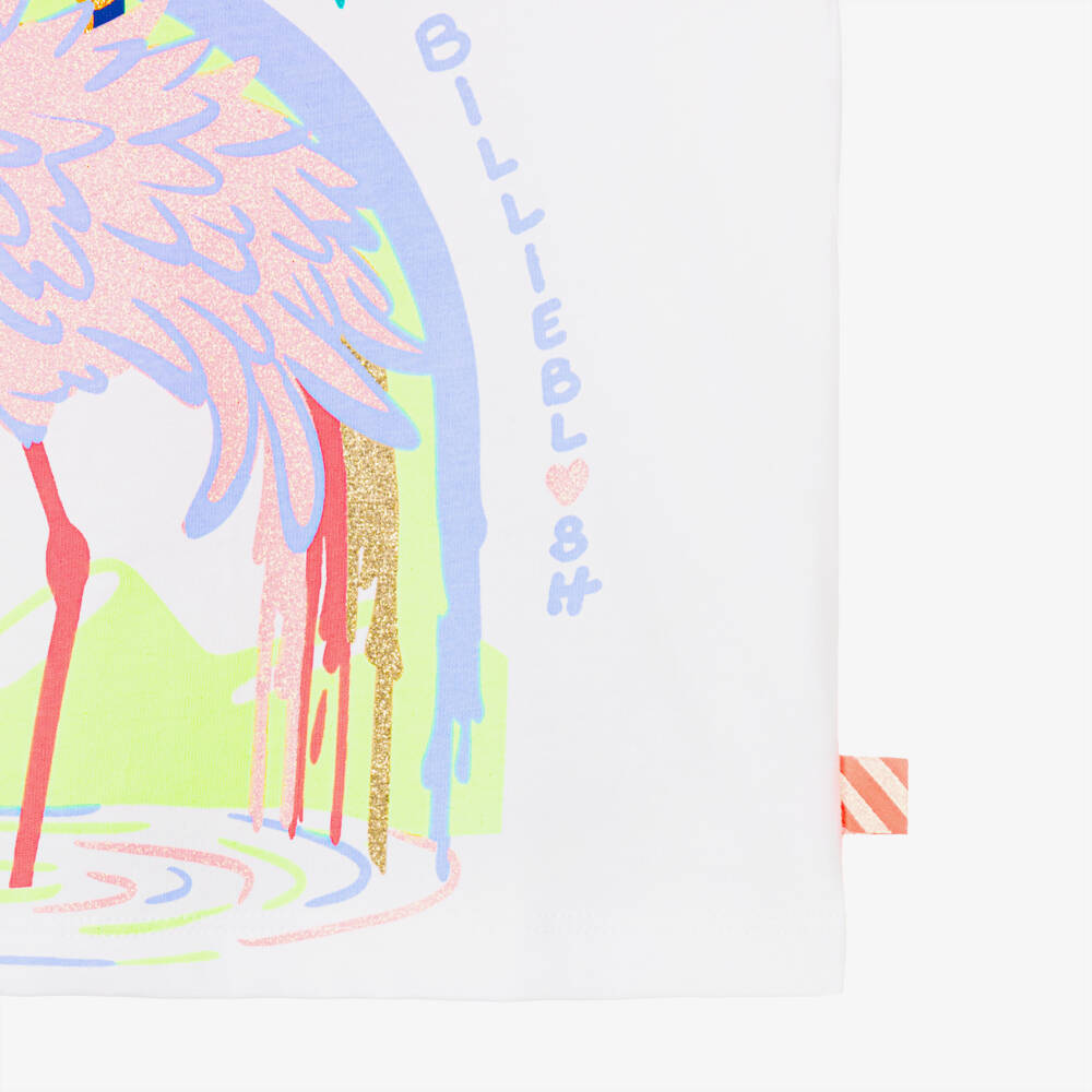 Billieblush-Girls White Cotton T-Shirt with Glittery Pink Unicorn Flamingo | Childrensalon