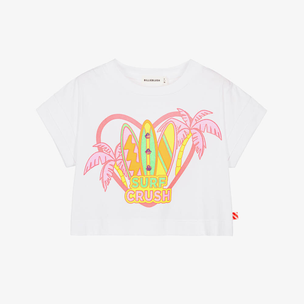 Billieblush-Girls White Cotton T-Shirt with Neon Pink Surfboard Print | Childrensalon
