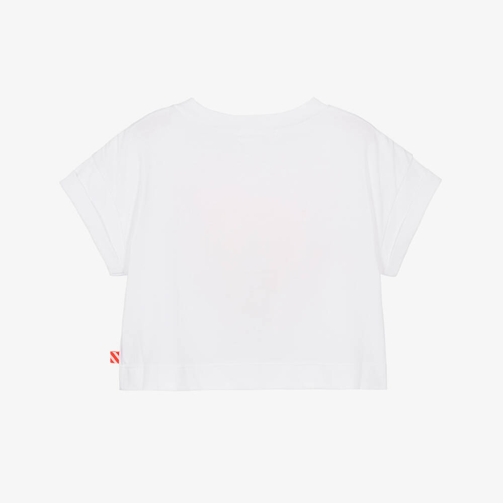 Billieblush-Girls White Cotton T-Shirt with Neon Pink Surfboard Print | Childrensalon