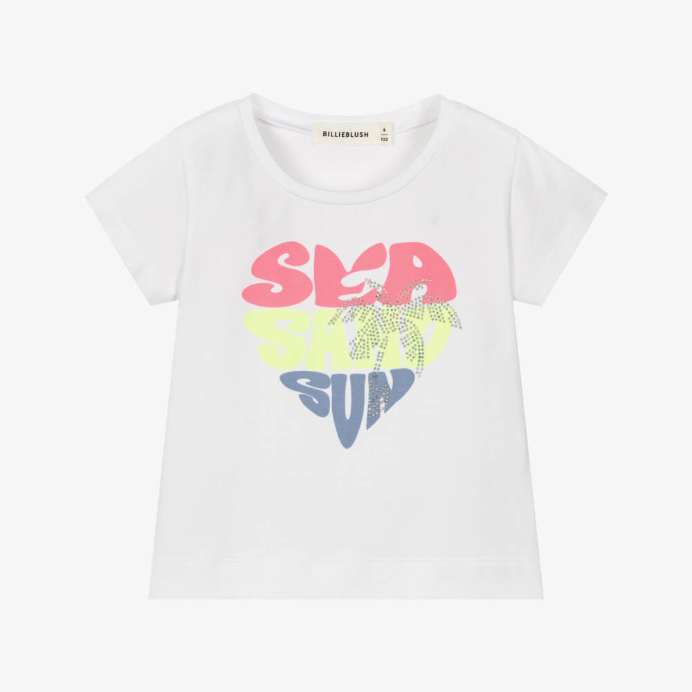 Billieblush-Girls White Cotton T-Shirt with Neon Slogan | Childrensalon