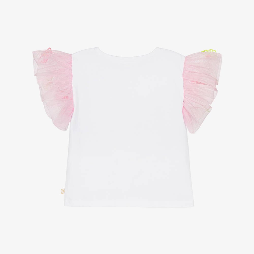 Billieblush-Girls White Cotton T-Shirt with Pink Tulle Sleeves | Childrensalon