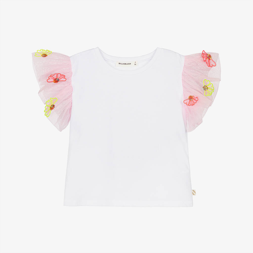 Billieblush-Girls White Cotton T-Shirt with Pink Tulle Sleeves | Childrensalon