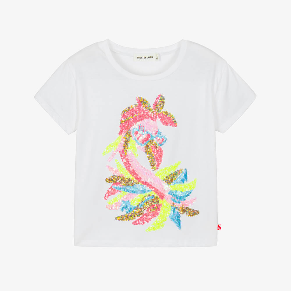 Billieblush-Girls White Cotton T-Shirt with Sequinned Flamingo | Childrensalon