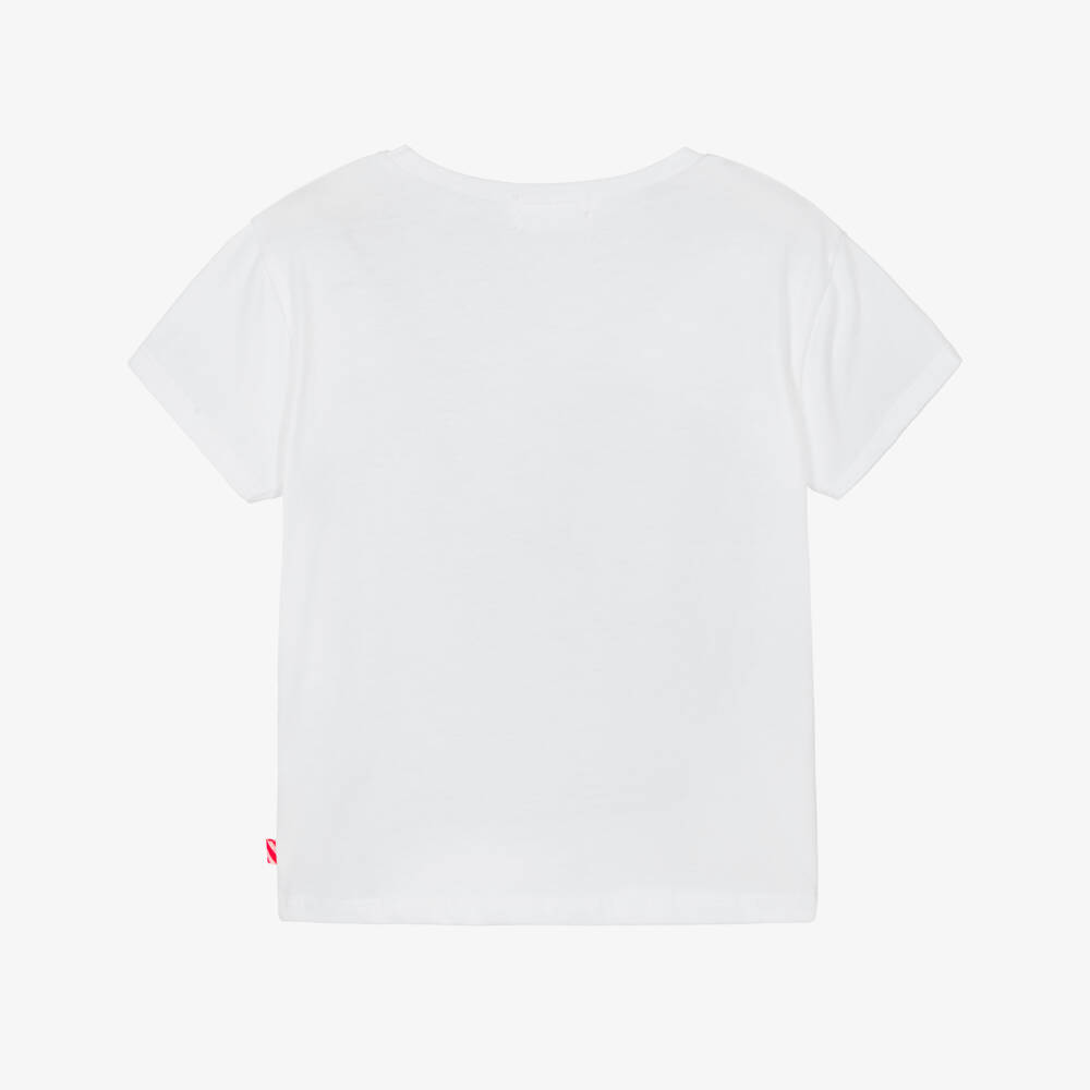 Billieblush-Girls White Cotton T-Shirt with Sequinned Flamingo | Childrensalon