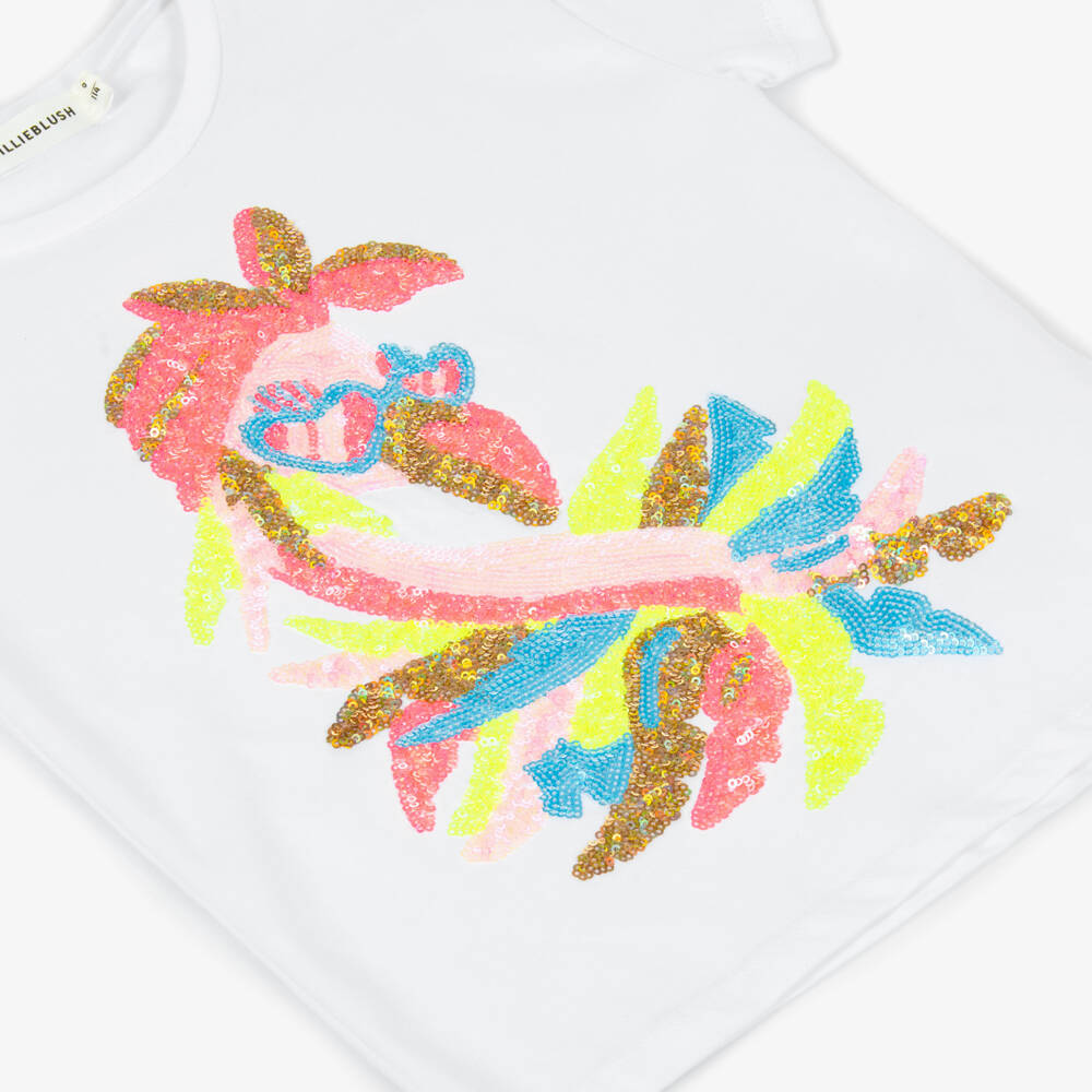 Billieblush-Girls White Cotton T-Shirt with Sequinned Flamingo | Childrensalon