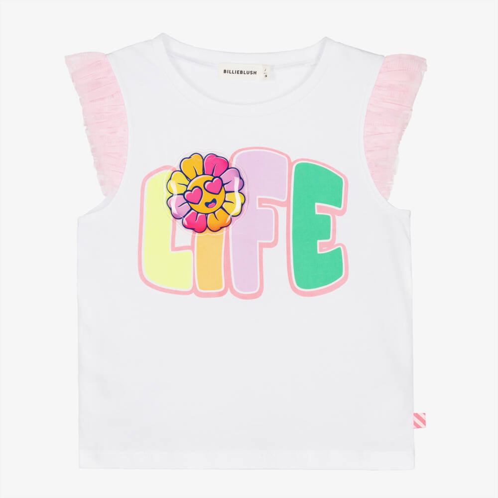 Billieblush-Girls White Cotton Top with Pink Tulle Trims | Childrensalon