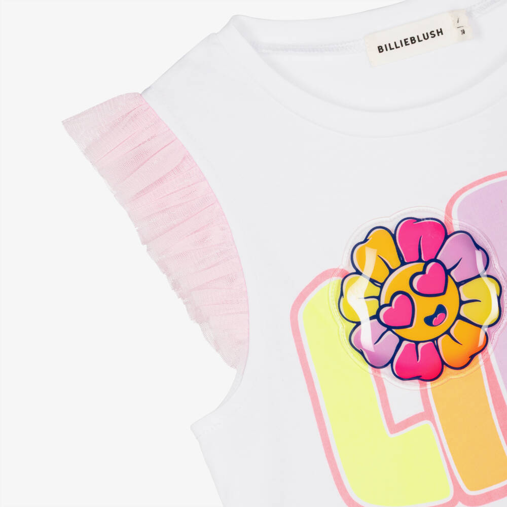 Billieblush-Girls White Cotton Top with Pink Tulle Trims | Childrensalon