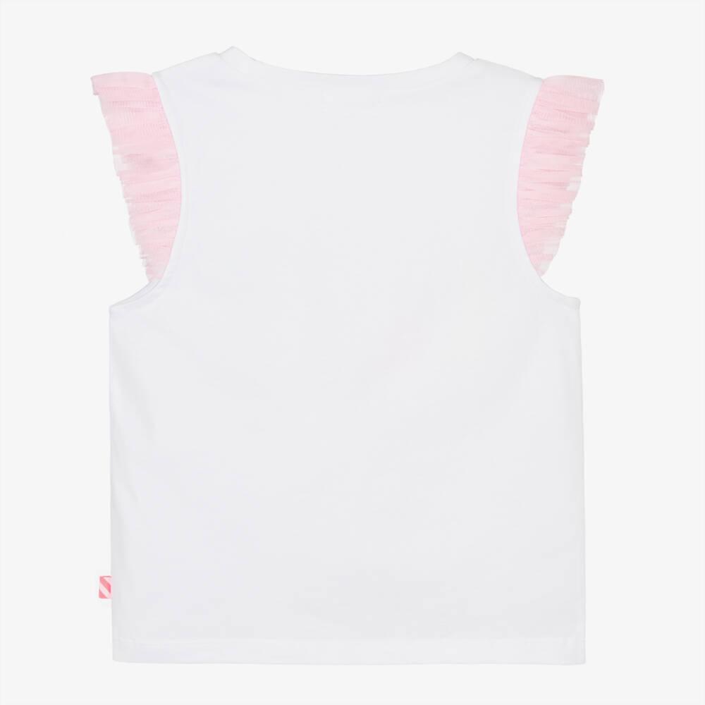 Billieblush-Girls White Cotton Vest Top with Pink Tulle Trims | Childrensalon