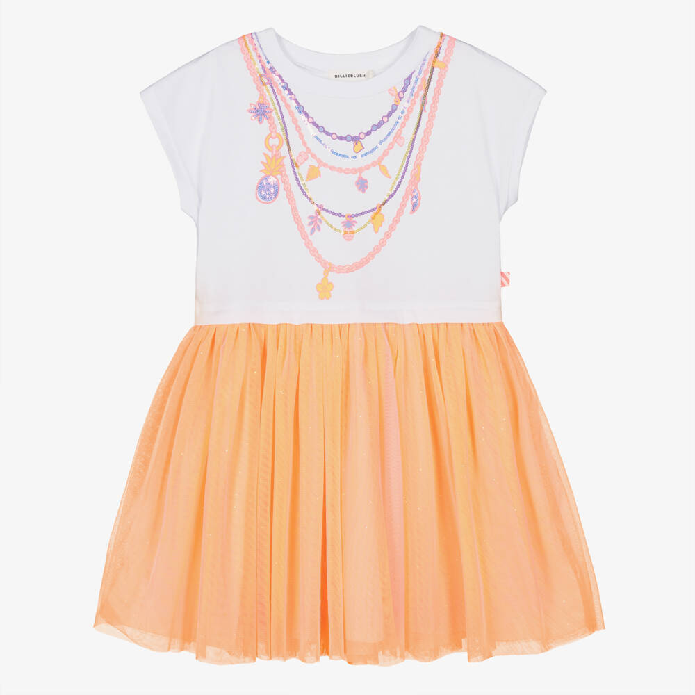 Billieblush-Girls White & Orange Tulle Dress with Sequin Necklace Motif | Childrensalon