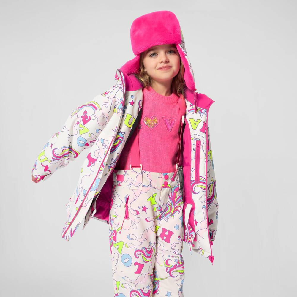 Billieblush-Girls White & Pink Ski Trousers with Unicorn Print | Childrensalon