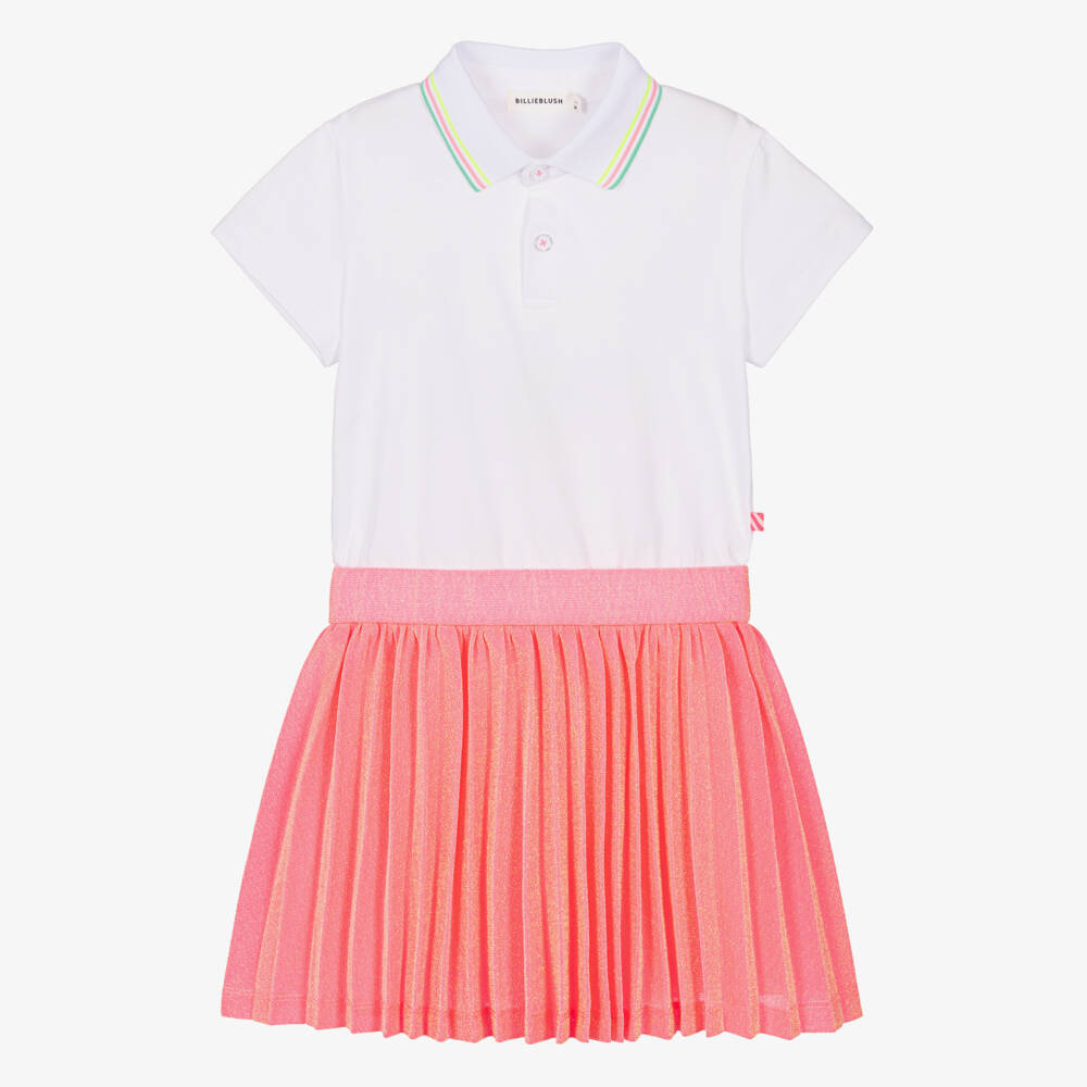 Billieblush-Girls White Polo & Neon Pink Pleated Dress | Childrensalon