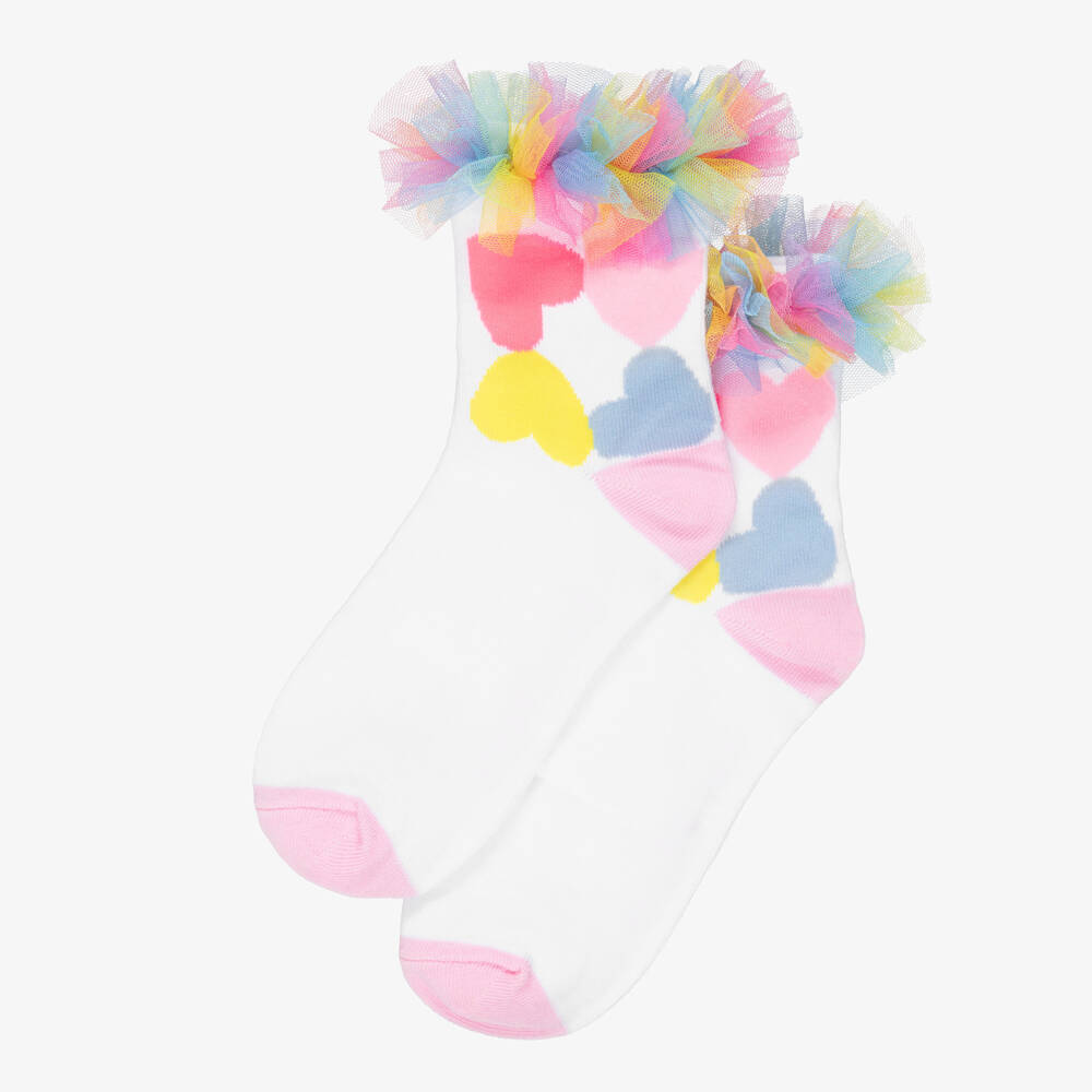 Billieblush-Girls White Socks with Colourful Hearts & Ruffles | Childrensalon