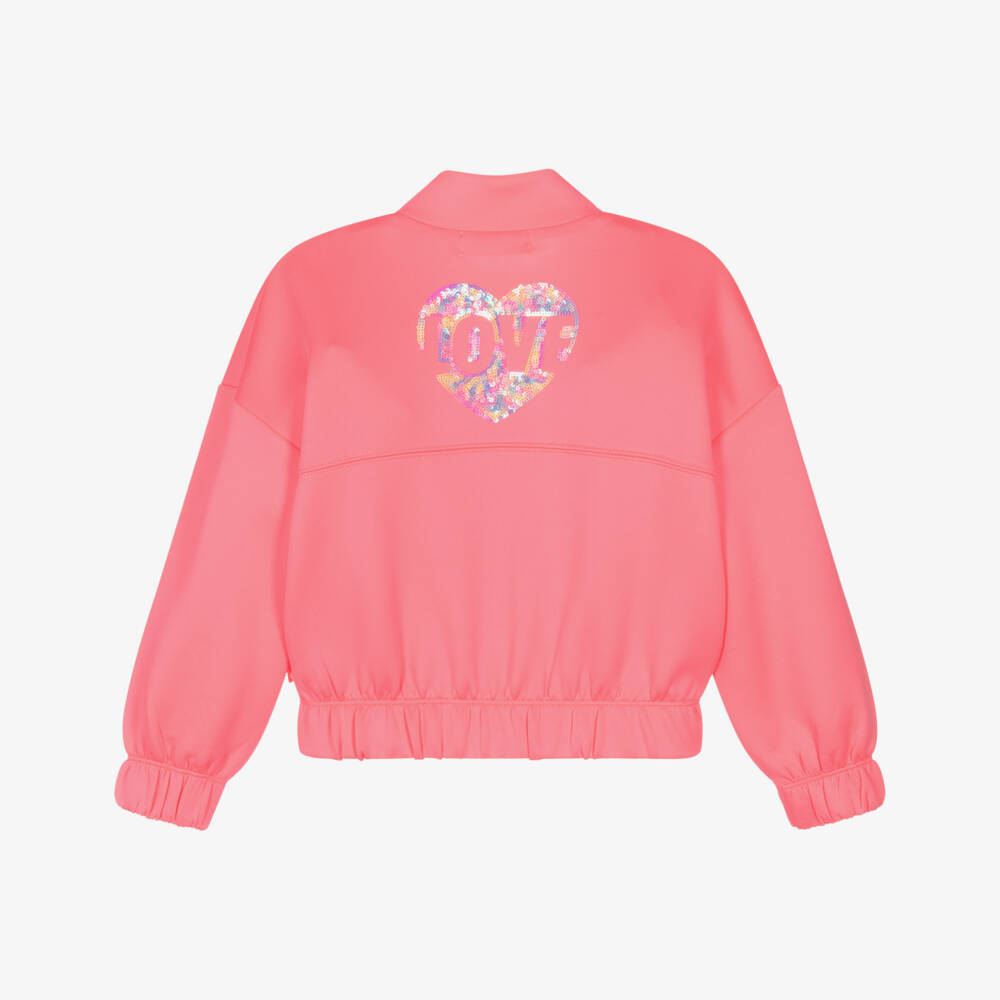 Billieblush-Girls Neon Pink Jersey Zip-Up Top with Sequin Heart Motif | Childrensalon