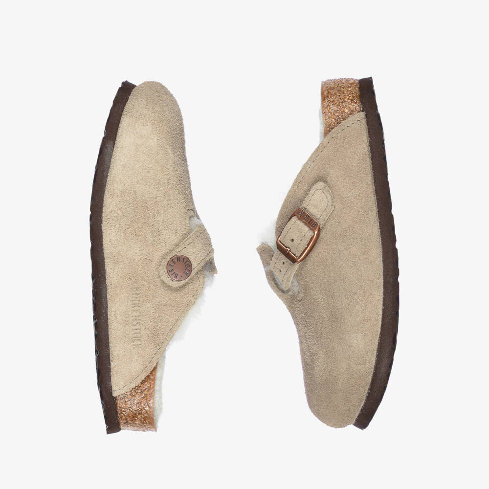 Birkenstock-Бежевые кожаные сабо с овечьей подкладкой для мальчиков | Childrensalon