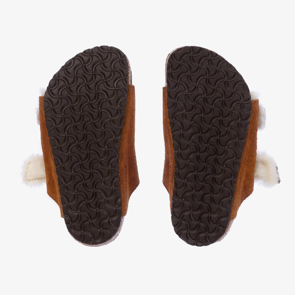 Birkenstock-Brown Suede & Shearling Sandals | Childrensalon