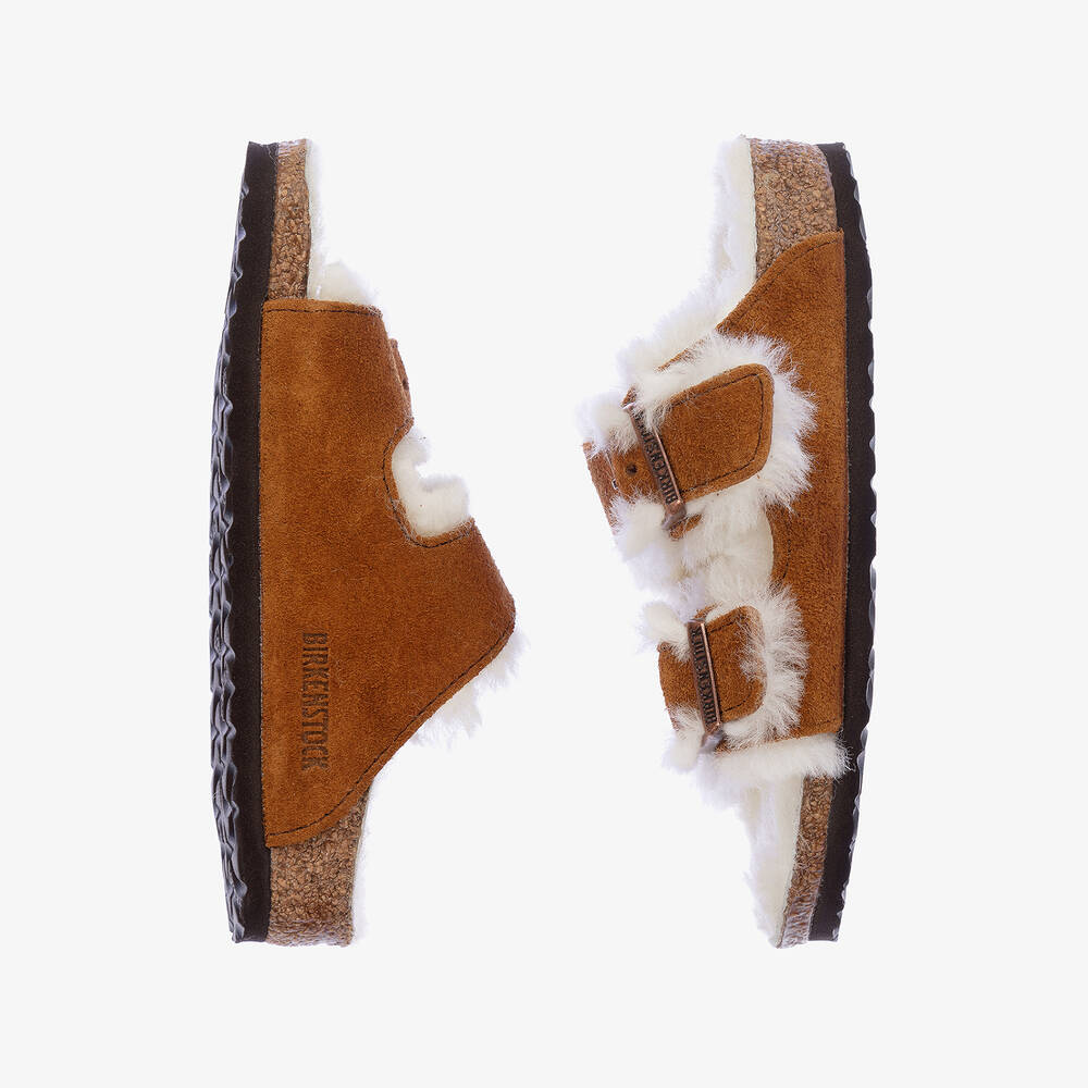 Birkenstock-Brown Suede & Shearling Sandals | Childrensalon