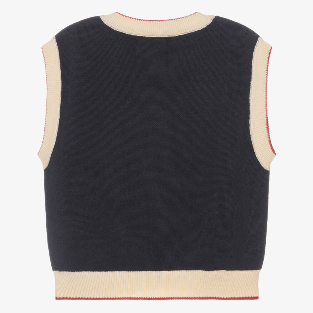 Bobo Choses-Girls Navy Blue Cotton Knit Waistcoat with Flowers | Childrensalon