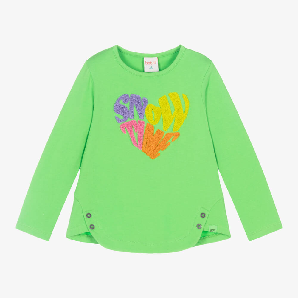 Boboli - Girls Green Cotton Slogan Top | Childrensalon